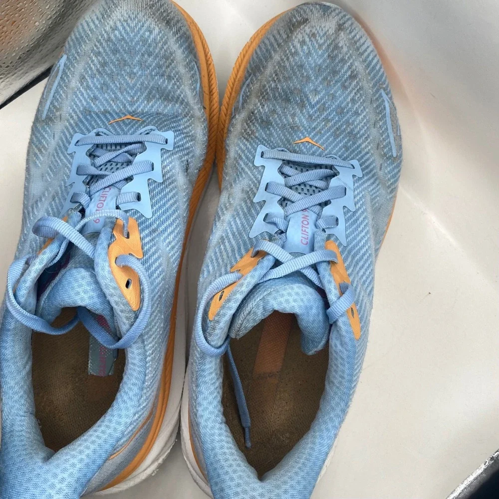 Hoka Clifton 9 Running Shoes Womens 9.5 Blue Orange Pink Mesh Athletic Sneakers
